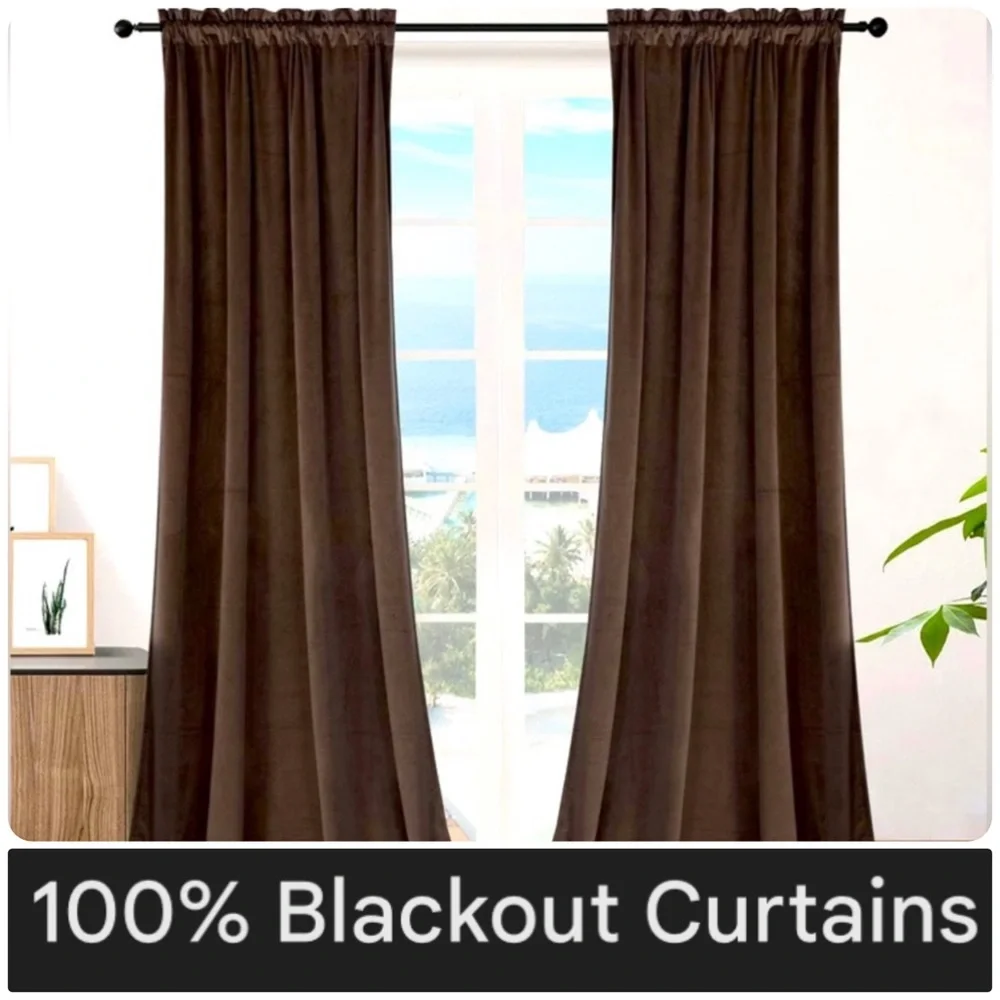 LUXURIOUS BROWN VELVET BLACKOUT CURTAINS ALERT! 🛋️ - 2 Panels, 50" x 84" - Picture 2 of 13